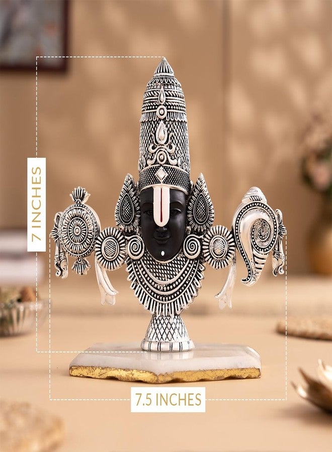 Svastika Tirupati Balaji Face Idol | Antique Silver Plated Venkateswara Murti | Spiritual Resin Idol for Home Temple, Pooja Room & Gift (7 Inch) - Image 4